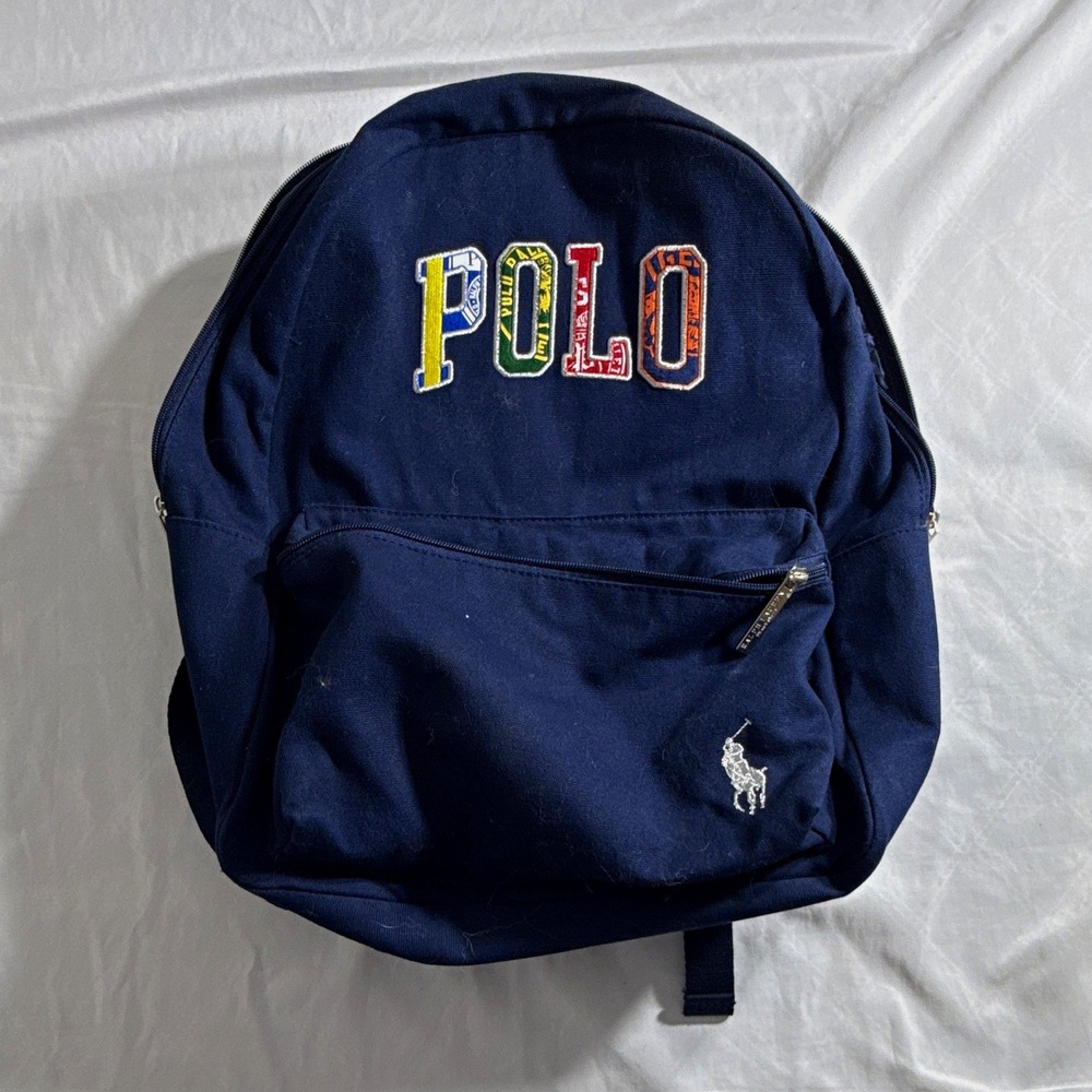 Ralph Lauren Navy Backpack Canvas Polo Patch Adjustable Strap Travel Mens Bag